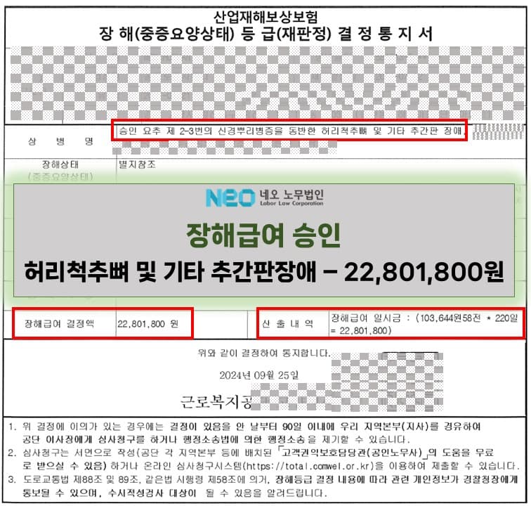 요추 제2-3번의 신경뿌리병증을 동반한 허리척추뼈 및 기타 추간판 장애 장해급여 승인사례(22,801,800원) ㅣ 네오노무법인