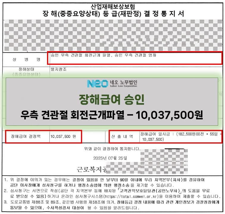 우측 견관절 회전근개파열 장해급여 승인사례(10,037,500원) ㅣ 네오노무법인