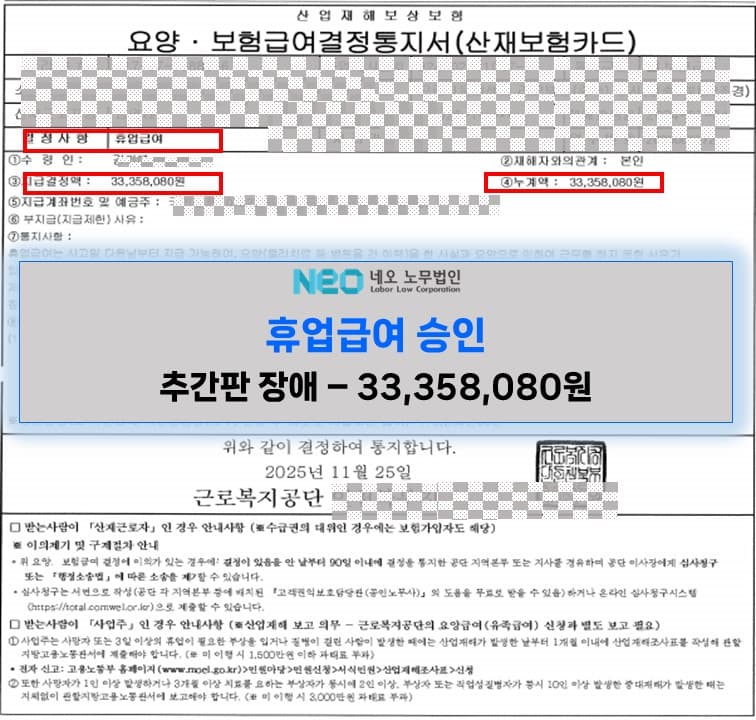 신경뿌리병증을 동반한 요추 및 기타 추간판장애 산재 휴업급여 승인사례 (33,358,080원) ㅣ 네오노무법인