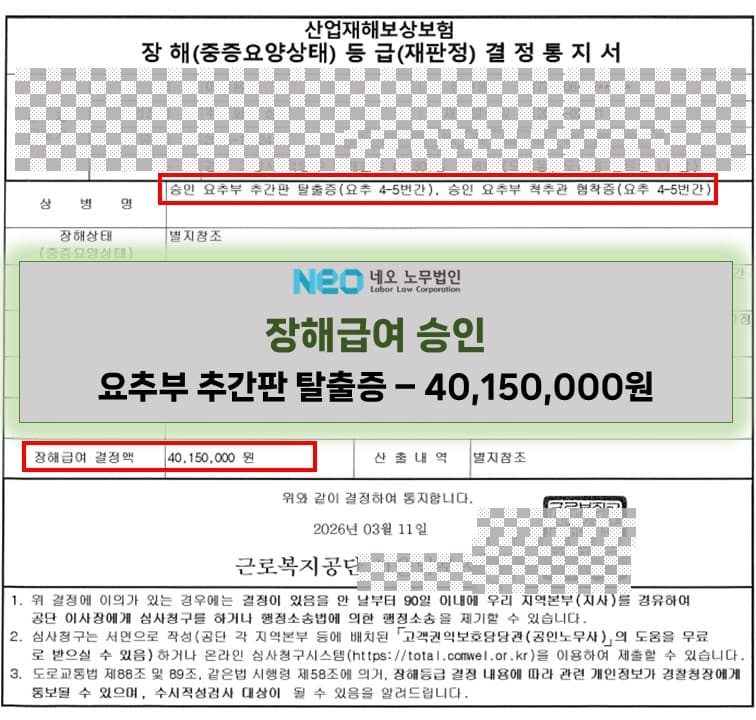 요추부 추간판 탈출증(요추4-5번간), 요추부 척추관 협착증(요추 4-5번간) 산재 장해급여 승인사례(40,150,000원) ㅣ 네오노무법인
